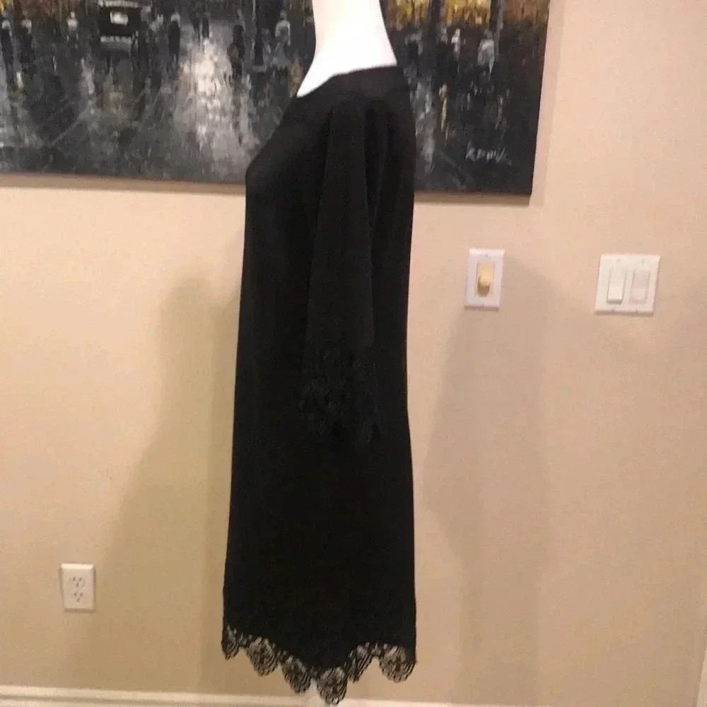 Beige by ECI Black Intricate Scalloped Lace Boat Neck 3/4 Sleeved Dress-Size 10 - Picture 3 of 12